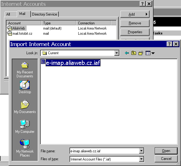 Outlook menu, import iaf file