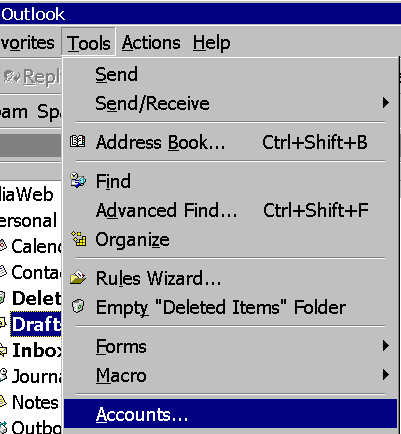 Outlook menu, tools-accounts item